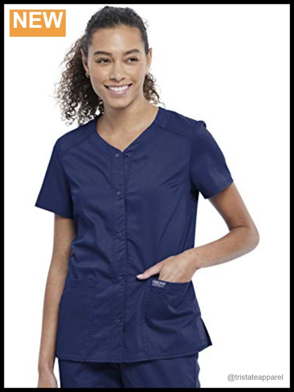 Cherokee Women's V-Neck Scrub Top Snap Front 4 Pockets 2-Way Stretch Medical